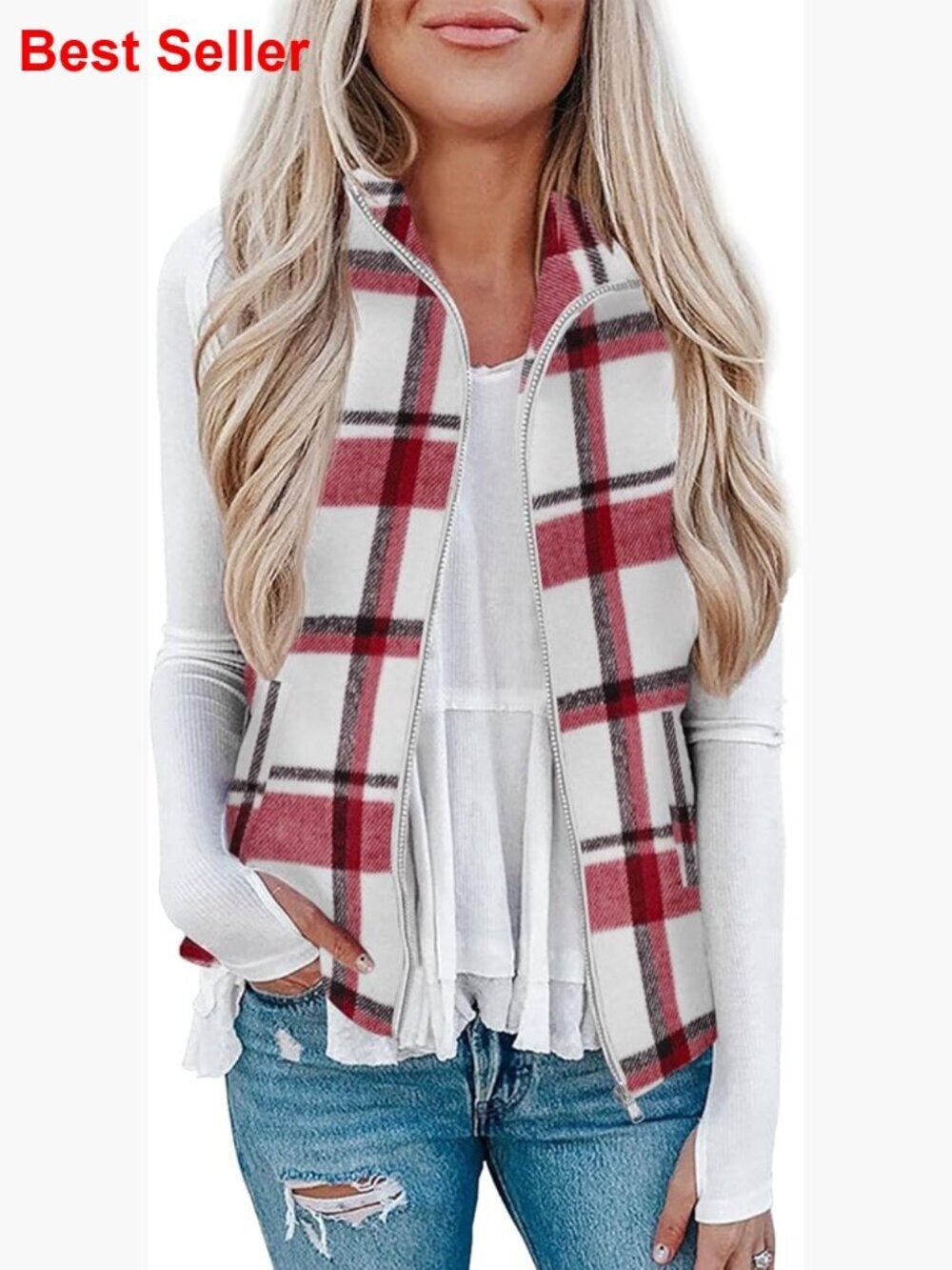 Plaid Outerwear Vest with Zipper and Pockets, 100% Polyester